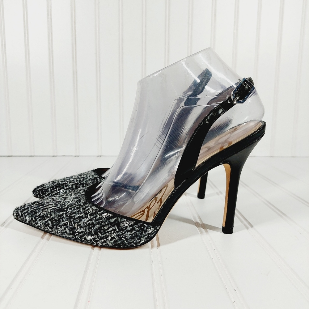Sam Edelman Tweed Slingback Leather Sole  Heeled Pumps A34